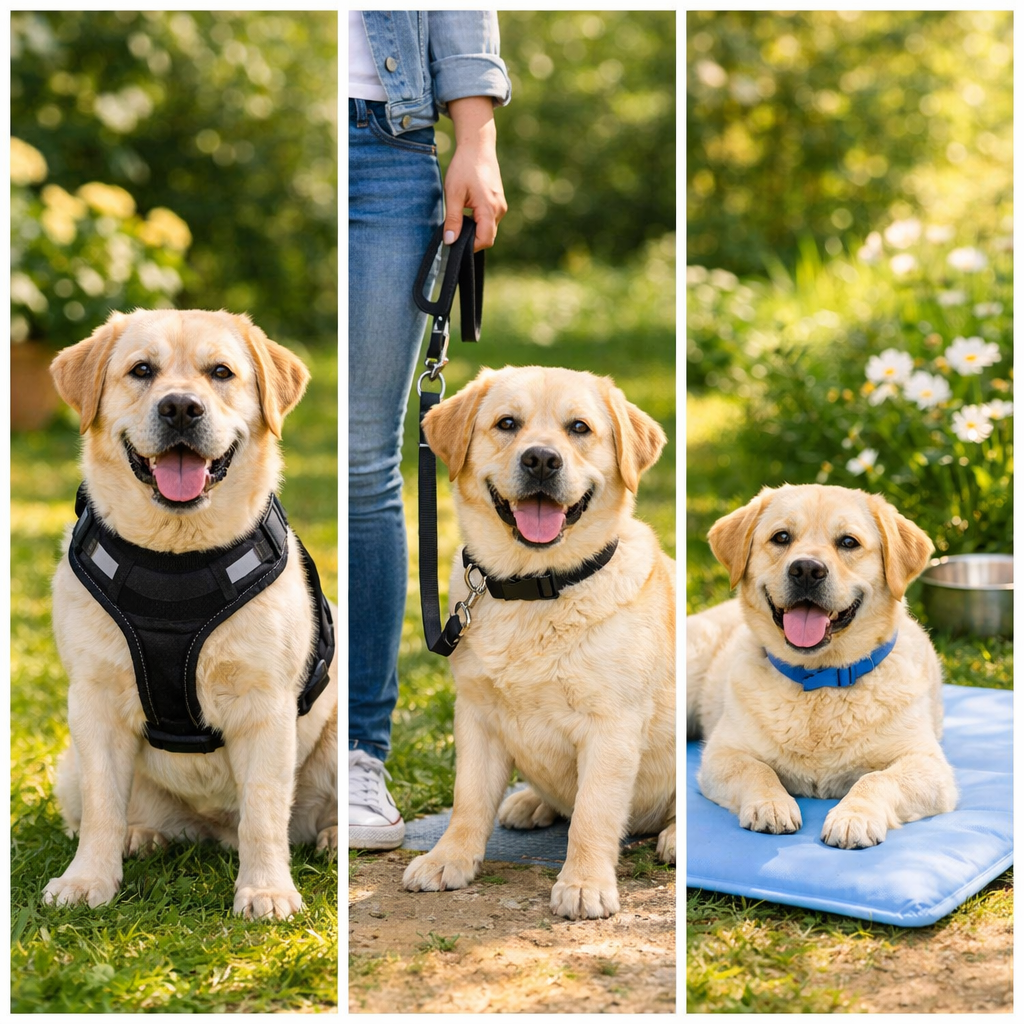 Collage d'accessoires pour chiens : harnais, laisse et tapis rafraîchissant