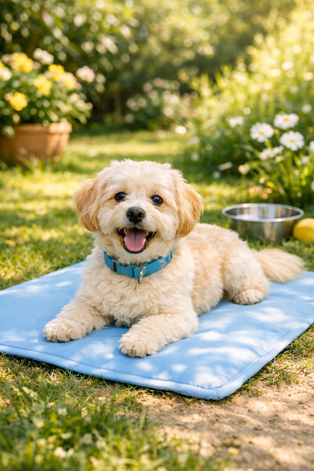 Chien allongé sur un tapis rafraîchissant dans un jardin ensoleillé
