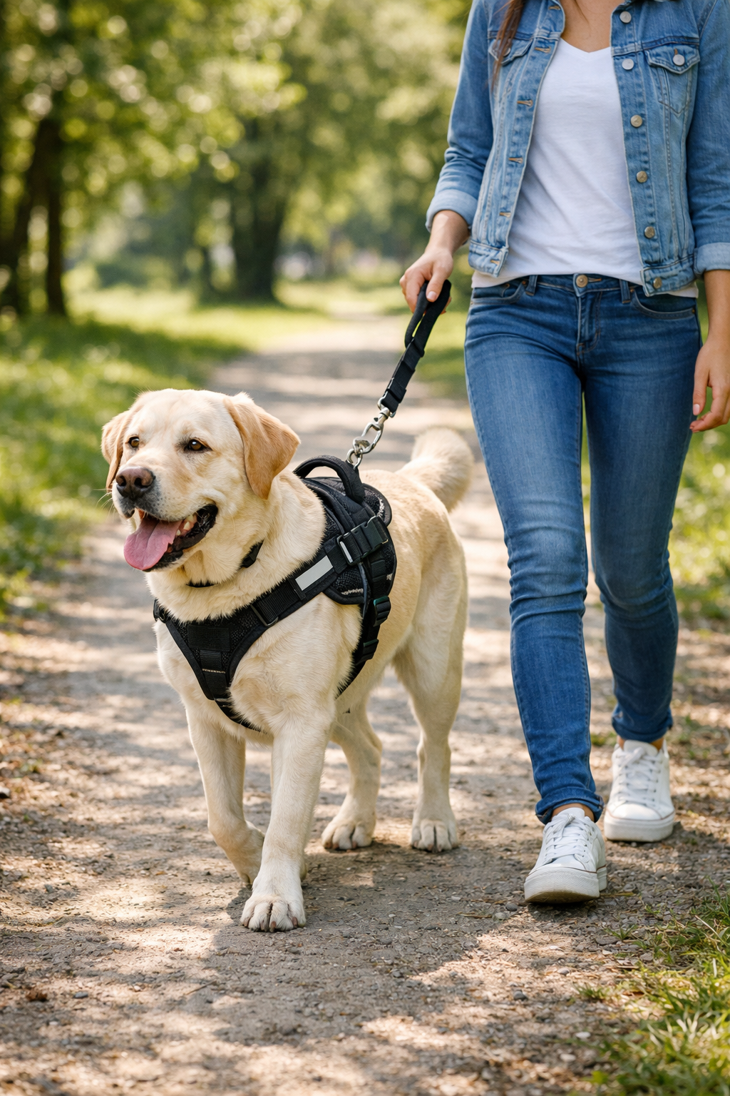 Chien en promenade avec harnais