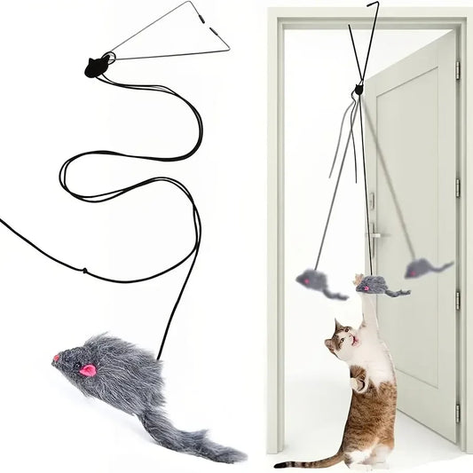 Jouet Souris Interactif pour Chat – Canne à Pêche Suspendue à la Porte Rétractable